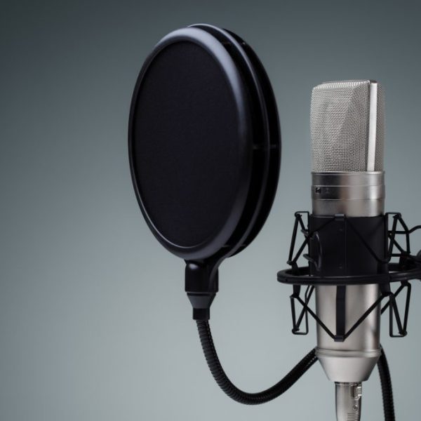 Studio microphone and pop shield on mic stand against gray background